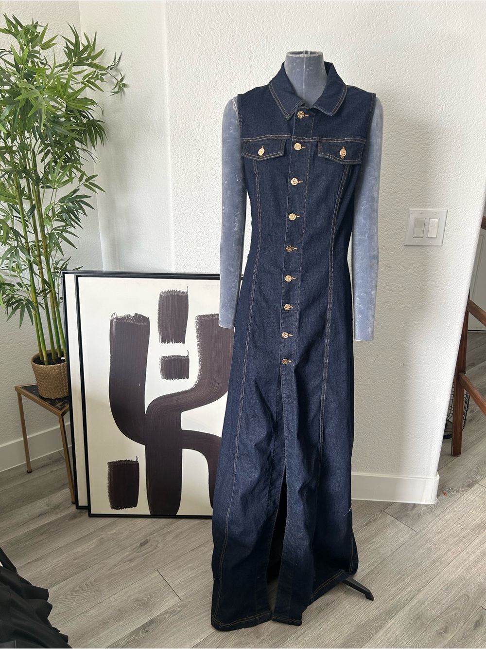 Fashion Nova Dark Blue Denim Maxi Dress with Gold Buttons